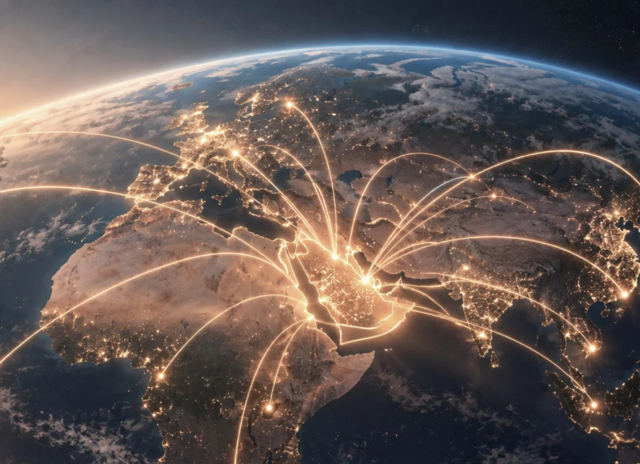 Earth at night with light trails connecting Saudi Arabia to the world