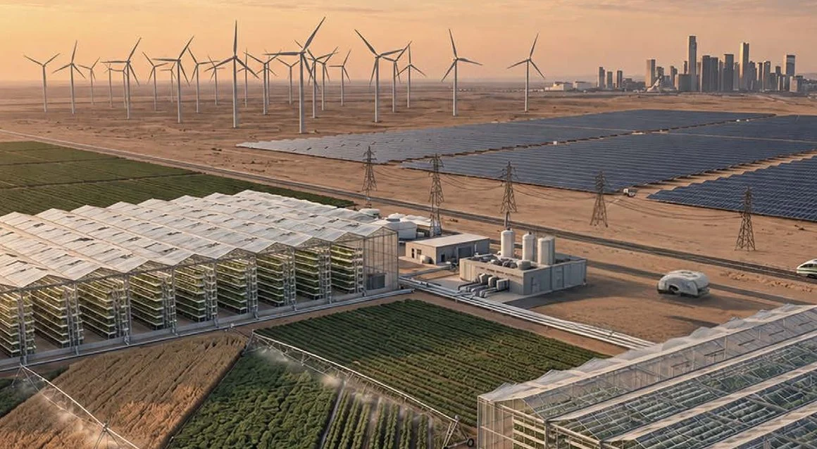 Greenhouses, solar panels and wind turbines in the desert