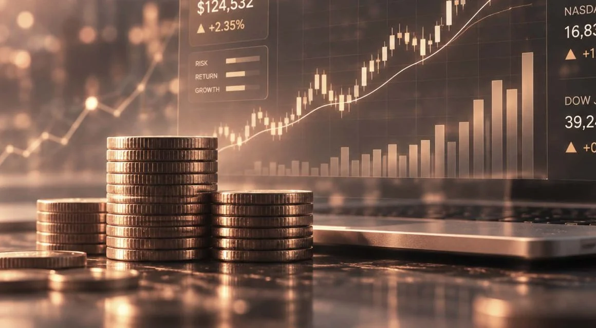 Stacks of coins in front of market charts